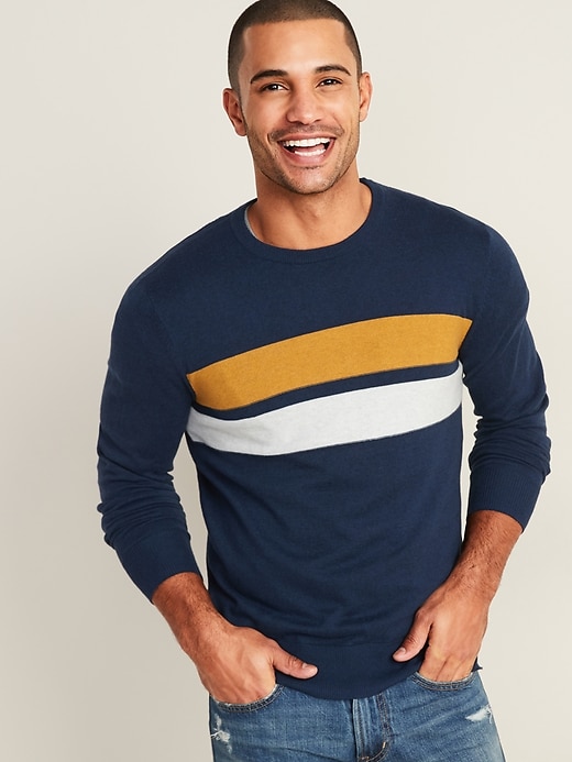 View large product image 1 of 1. Textured Color-Block Chest-Stripe Sweater