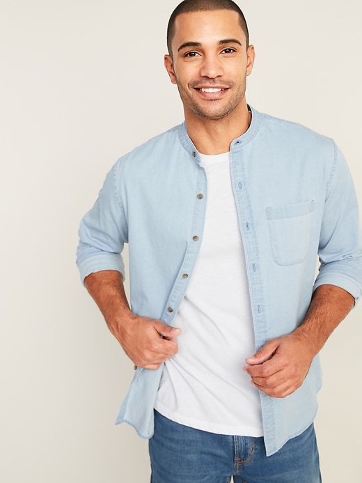 Image number 4 showing, Slim-Fit Built-In Flex Chambray Banded-Collar Shirt