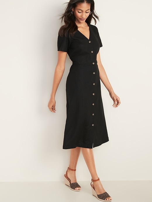 View large product image 1 of 1. Fit & Flare Button-Front Linen-Blend Midi Dress