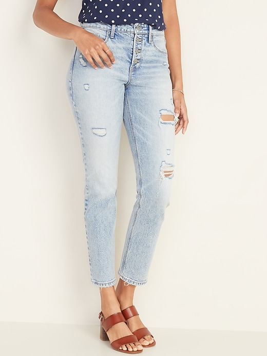 Image number 1 showing, High-Waisted Distressed Power Slim Straight Button-Fly Jeans for Women
