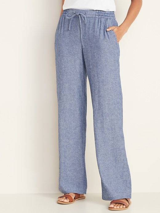 View large product image 1 of 3. Mid-Rise Wide-Leg Linen-Blend Pull-On Pants for Women