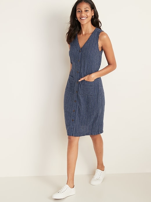 Image number 1 showing, Sleeveless Striped Linen-Blend Fit & Flare Dress