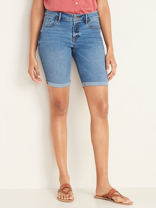 View large product image 1 of 3. Mid-Rise Cuffed Bermuda Slim Jean Shorts for Women -- 9-inch inseam