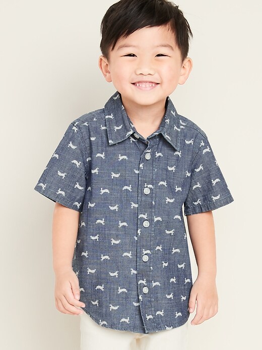 View large product image 1 of 6. Bunny-Print Chambray Short-Sleeve Shirt for Toddler Boys