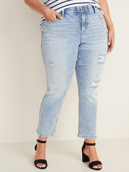 Image number 1 showing, High-Waisted Secret-Slim Pockets + Waistband Power Slim Straight Plus-Size Distressed Jeans