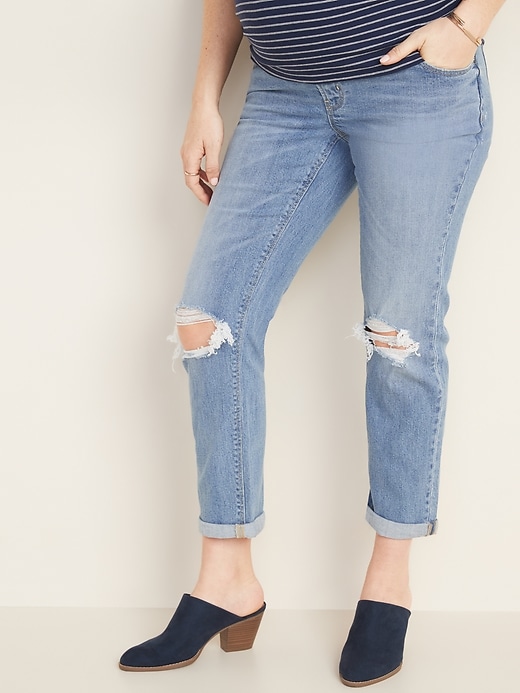 View large product image 1 of 3. Maternity Full-Panel Distressed Boyfriend Straight Jeans