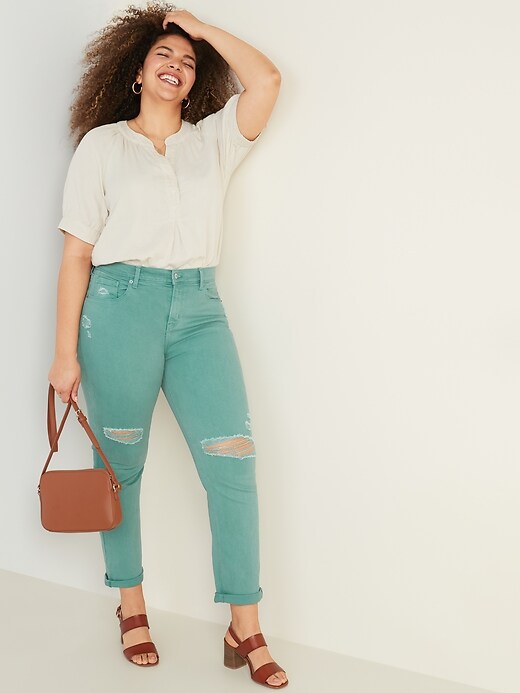 Image number 8 showing, Mid-Rise Distressed Pop-Color Boyfriend Straight Jeans for Women