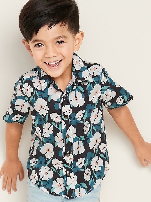 View large product image 1 of 6. Floral-Print Built-In Flex Poplin Shirt for Toddler Boys