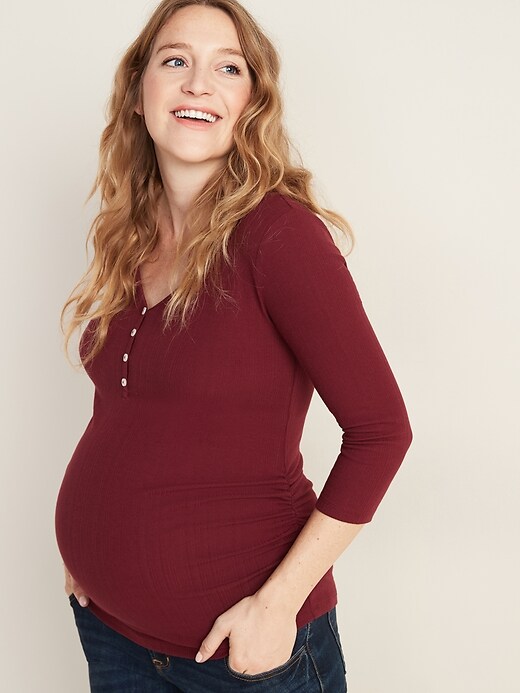 Image number 1 showing, Maternity Rib-Knit Long-Sleeve Henley
