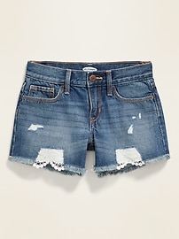 View large product image 3 of 3. Lace-Hem Distressed Jean Cutoffs for Girls