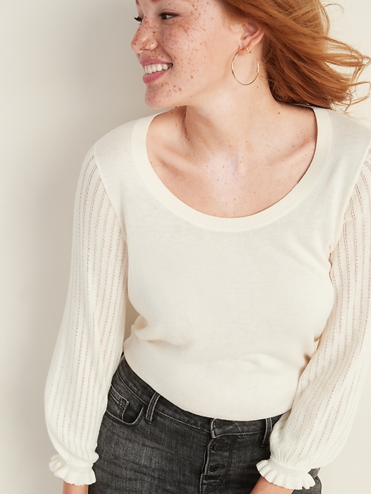 Image number 4 showing, Lightweight Pointelle-Sleeve Sweater for Women