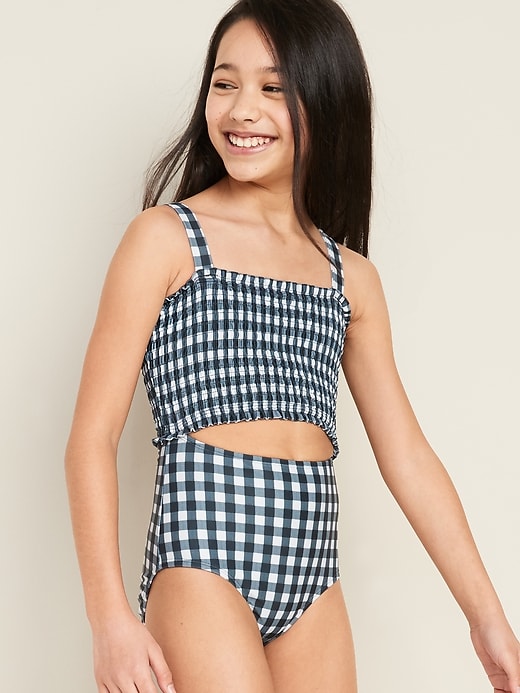 View large product image 1 of 3. Smocked Cut-Out One-Piece Patterned Swimsuit for Girls