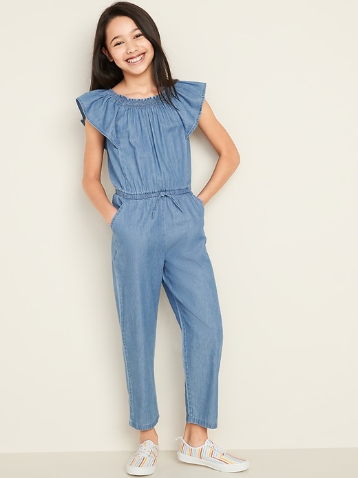 View large product image 1 of 3. Flutter-Sleeve Chambray Jumpsuit for Girls