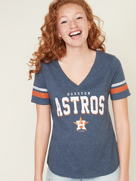 View large product image 1 of 1. MLB&#174 Team-Graphic Sleeve-Stripe V-Neck Tee for Women