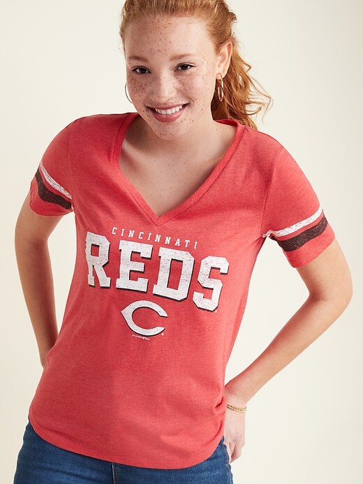 View large product image 1 of 1. MLB&#174 Team-Graphic Sleeve-Stripe V-Neck Tee for Women
