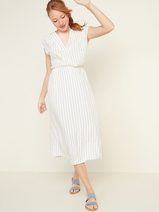 Image number 1 showing, Waist-Defined Striped V-Neck Midi Dress for Women
