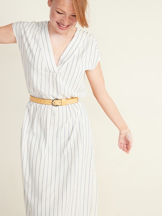 Image number 4 showing, Waist-Defined Striped V-Neck Midi Dress for Women