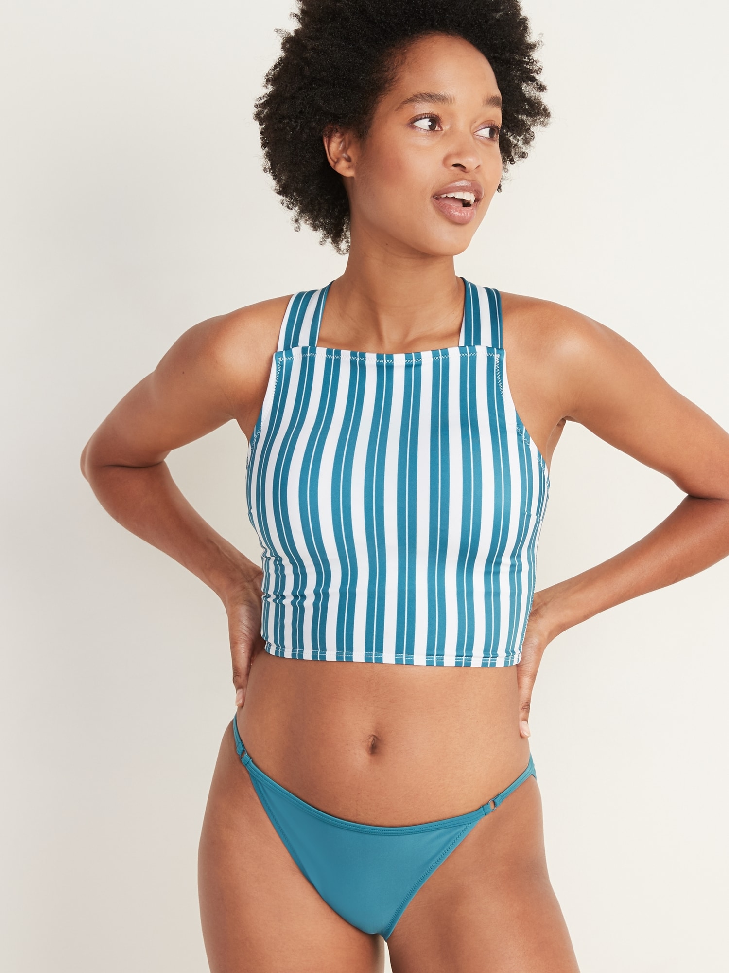 High-Neck Long-Line Apron-Strap Swim Top for Women, Old Navy