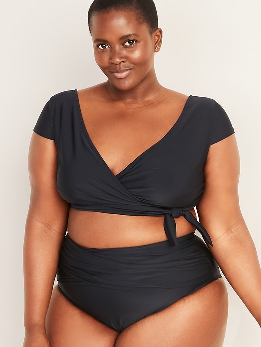 Image number 1 showing, Wrap-Front Cap-Sleeve Plus-Size Swim Top