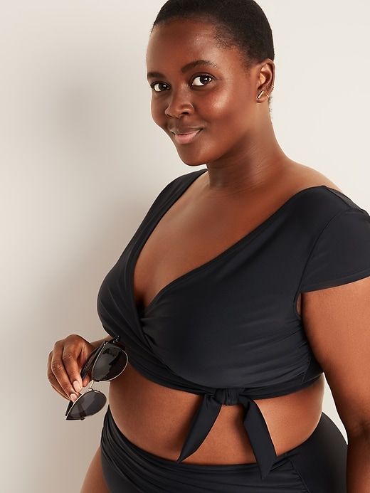 Image number 4 showing, Wrap-Front Cap-Sleeve Plus-Size Swim Top