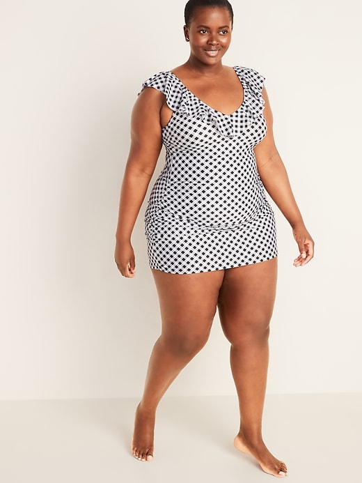 Image number 3 showing, Gingham Ruffled V-Neck Secret-Slim Plus-Size Swim Dress