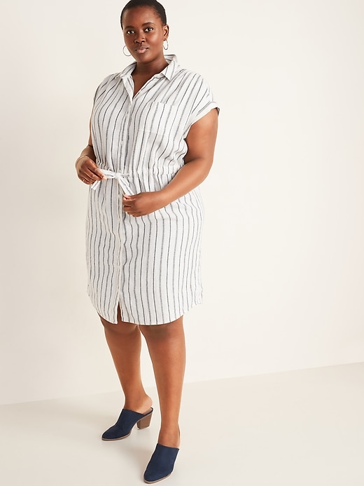 View large product image 1 of 1. Linen-Blend Cinch-Tie No-Peek Plus-Size Shirt Dress