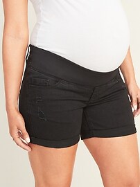 View large product image 3 of 3. Maternity Front-Low Panel Distressed Boyfriend Jean Shorts - 5-Inch Inseam