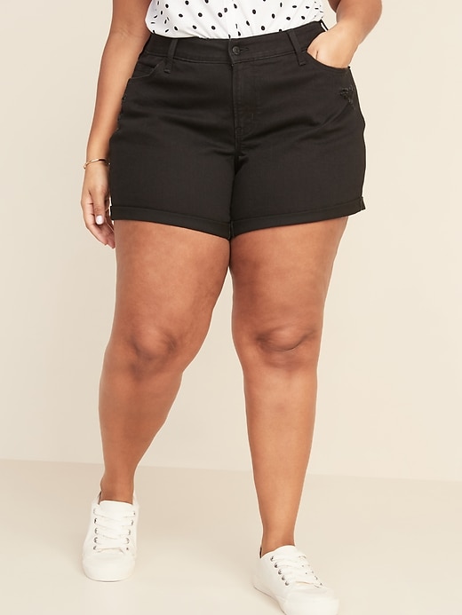 View large product image 1 of 3. Mid-Rise Distressed Boyfriend Plus-Size Black Jean Shorts  -- 5-inch inseam