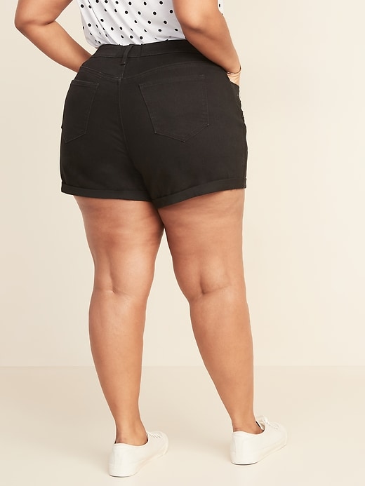 View large product image 2 of 3. Mid-Rise Distressed Boyfriend Plus-Size Black Jean Shorts  -- 5-inch inseam