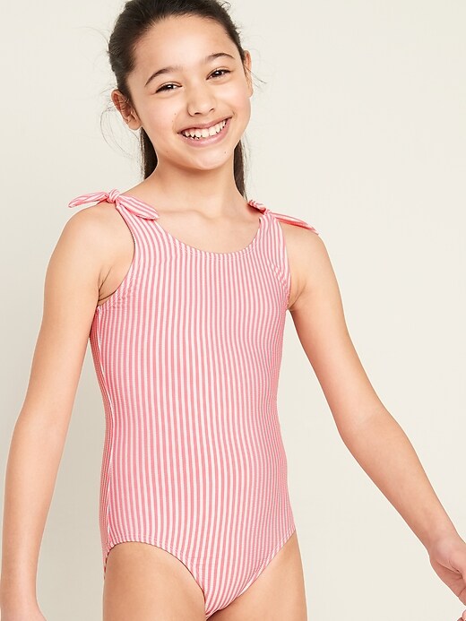 View large product image 1 of 3. Textured Seersucker-Stripe Tie-Shoulder Swimsuit for Girls