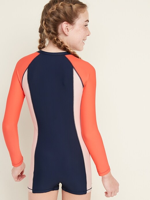 View large product image 2 of 3. Color-Blocked One-Piece Rashguard for Girls