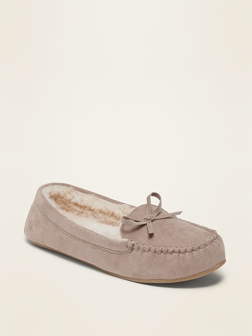 Image number 1 showing, Faux-Suede Faux Fur-Lined Moccasin Slippers for Women