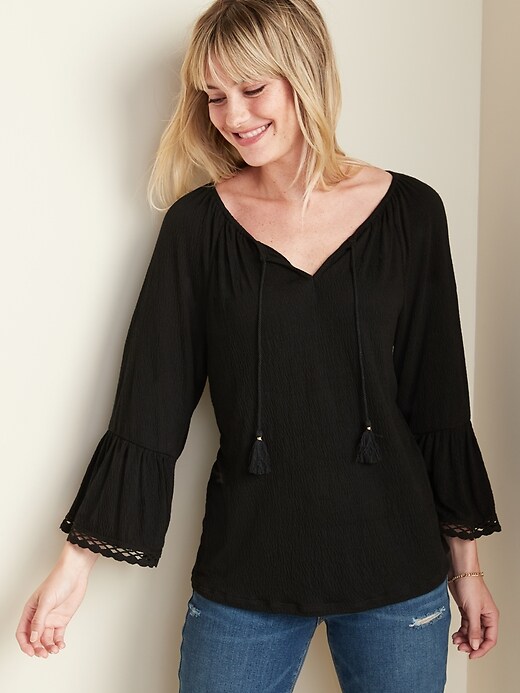 Image number 1 showing, Textured-Jersey Bell-Sleeve Tie-Neck Top