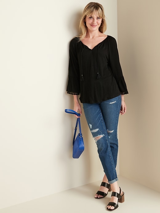 Image number 3 showing, Textured-Jersey Bell-Sleeve Tie-Neck Top