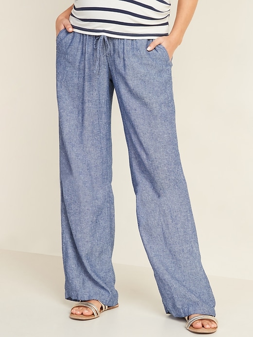 View large product image 1 of 3. Maternity Rollover-Waist Linen-Blend Pants