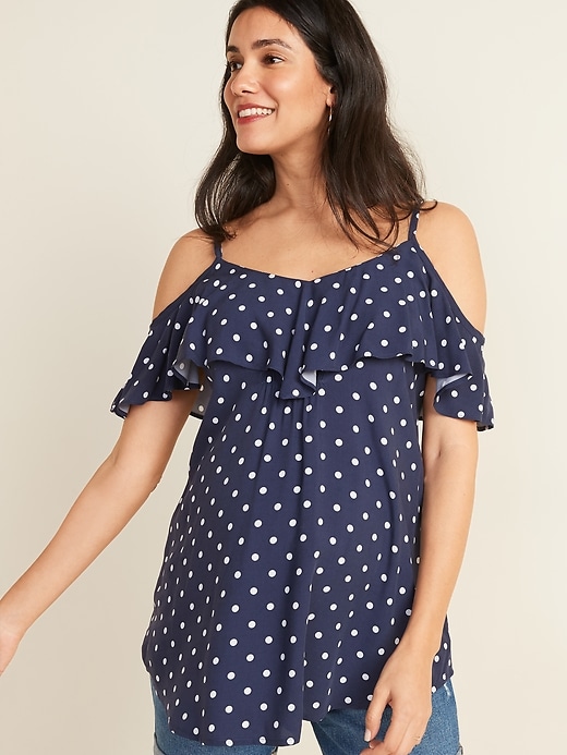 Image number 1 showing, Maternity Ruffled Cold-Shoulder Blouse