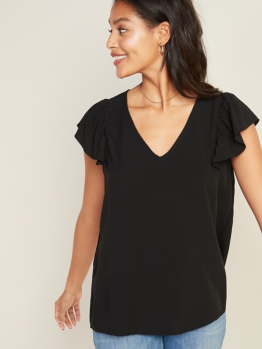 View large product image 1 of 1. Flutter-Sleeve V-Neck Top for Women