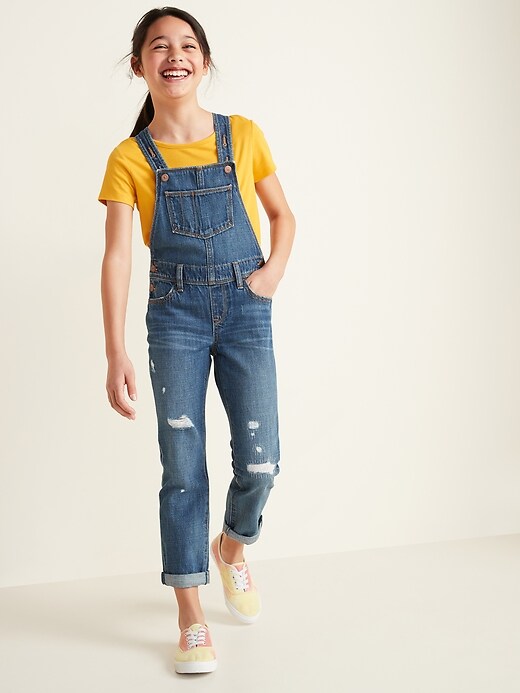 View large product image 1 of 3. Distressed Roll-Cuff Jean Overalls for Girls