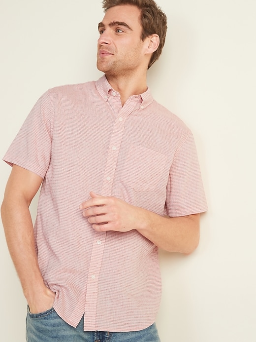 View large product image 1 of 1. Relaxed-Fit Striped Linen-Blend Short-Sleeve Shirt