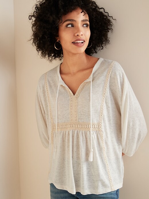 View large product image 1 of 1. Boho Tassel-Tie Linen-Blend Top