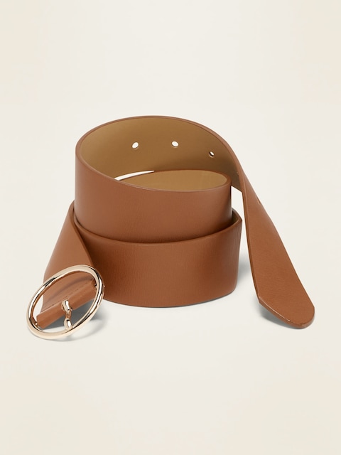 Wide Ring-Buckle Faux-Leather Belt For Women (1 1/2") - Cognac Brown