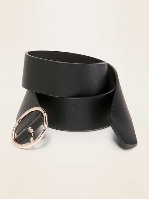 Wide Ring-Buckle Faux-Leather Belt For Women (1 1/2") - Black Jack