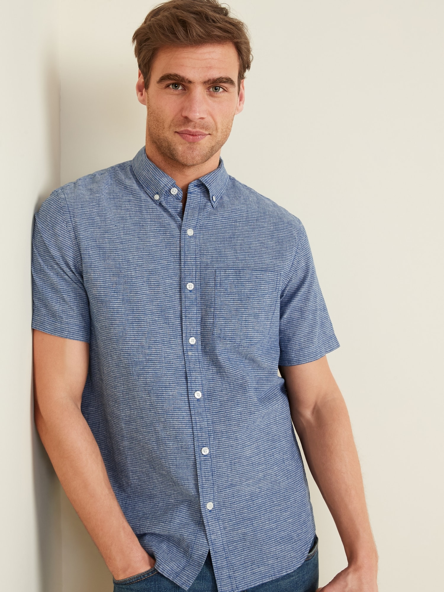 Relaxed-Fit Striped Linen-Blend Short-Sleeve Shirt for Men