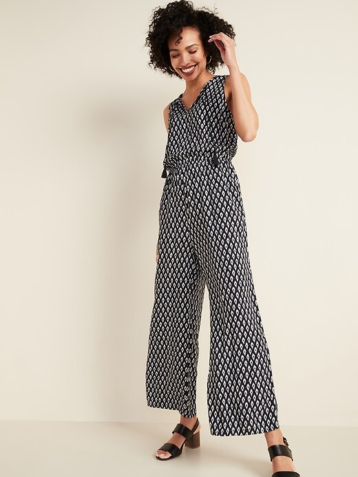 View large product image 1 of 2. Sleeveless Tie-Neck Wide-Leg Jumpsuit