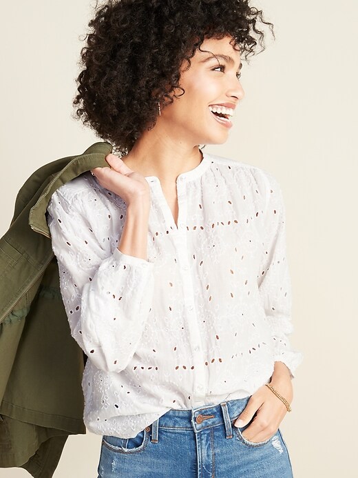 Image number 1 showing, Oversized Embroidered Eyelet Button-Front Blouse