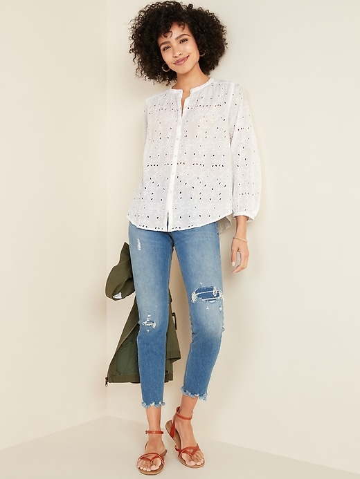 Image number 3 showing, Oversized Embroidered Eyelet Button-Front Blouse
