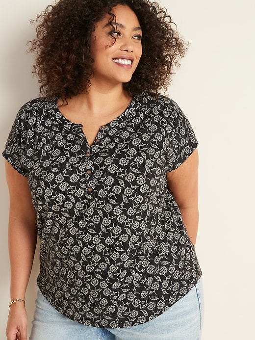 View large product image 1 of 1. Linen-Blend Jersey Plus-Size Henley Top