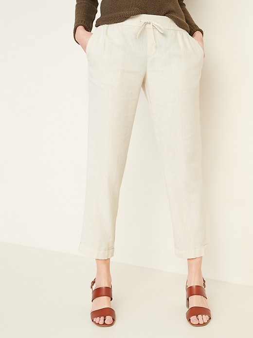 View large product image 1 of 1. Mid-Rise Cropped Linen-Blend Pants