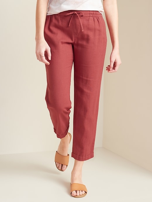 View large product image 1 of 1. Mid-Rise Cropped Linen-Blend Pants