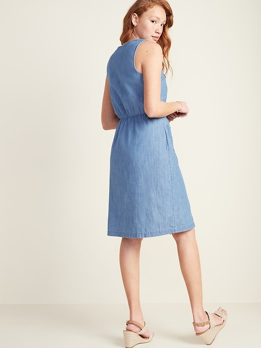 Image number 2 showing, Sleeveless Fit & Flare Chambray Button-Front Dress